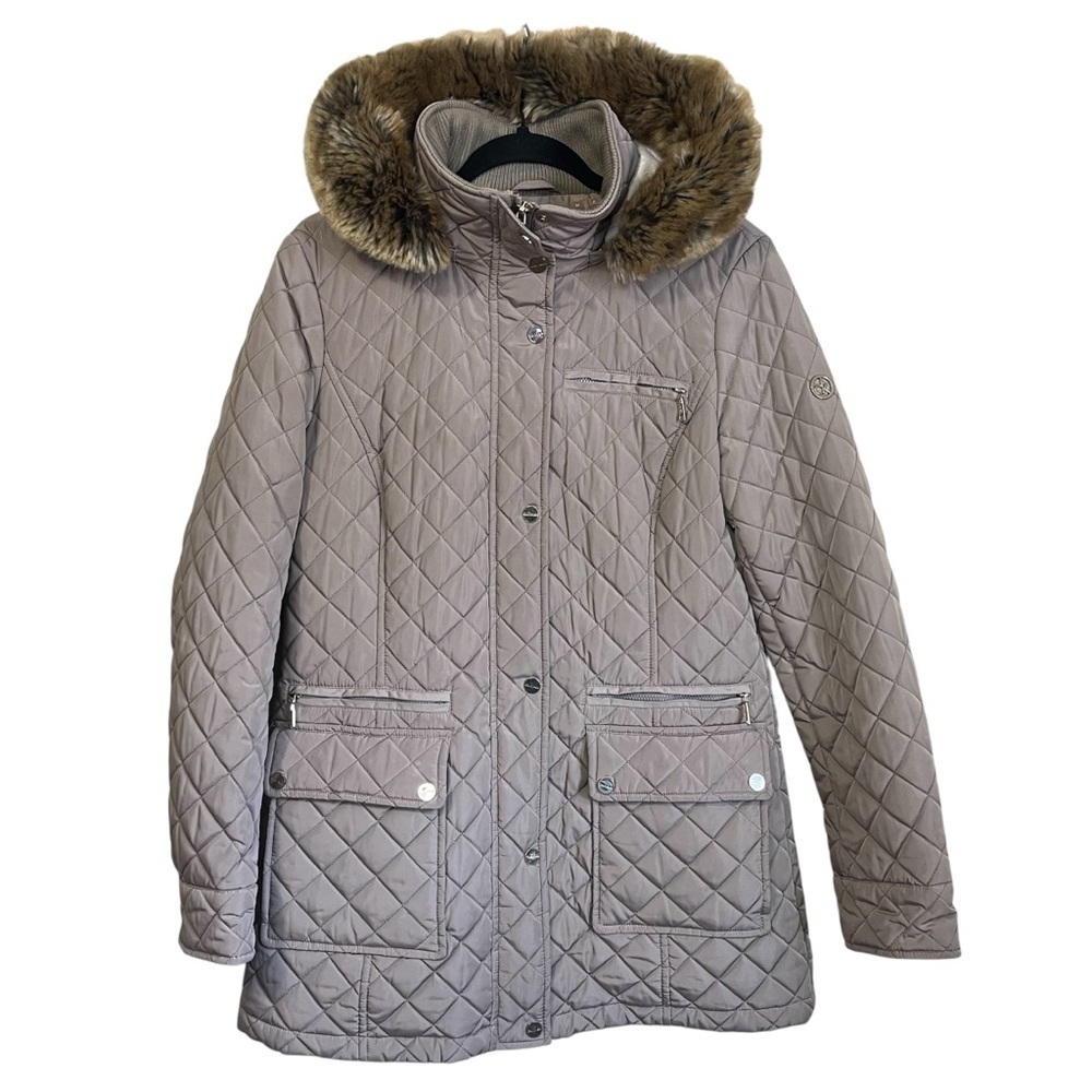 Calvin Klein Quilted Coat In Beige Tan With Faux Fur Trim Hood Size Medium